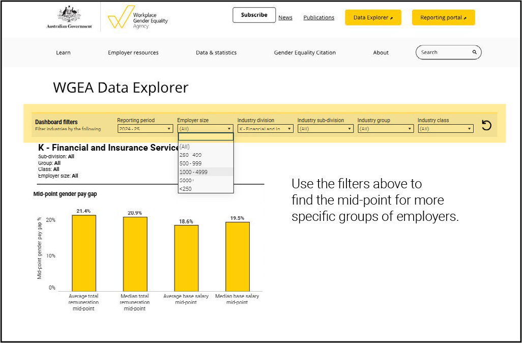 An example showing WGEA's Industry Data Explorer displaying the mid-point gender pay gap for the Financial and Insurance Services industry - average total remuneration gender pay gap mid-point is 21.4%.