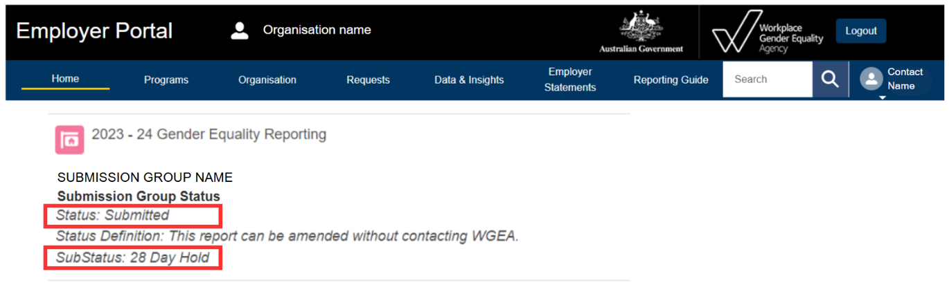 status will be submitted 28 day hold once lodged successfully 