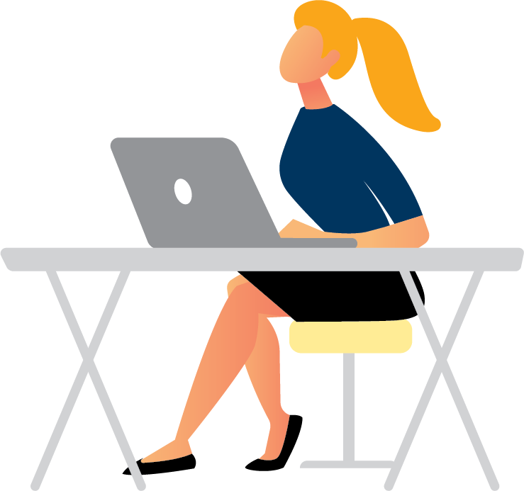 Image is decorative and depicts a woman sitting at a desk using her laptop
