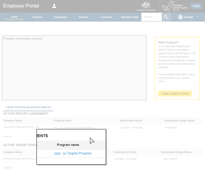 The WGEA Employer Portal home page showing the tile labelled ‘yyyy-yy Targets Program’ under the heading ‘Active target enrolments’. Select the Targets Program to open the program