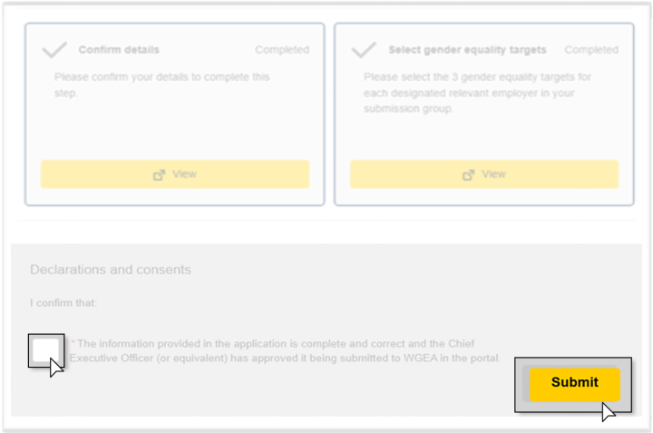 The declarations and consent section with a mandatory checkbox. Tick this box to confirm declarations before submitting your targets.