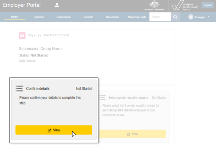 The Targets Portal page showing the Confirm details tile. Select the “View” button on this tile to open the Confirm details page.