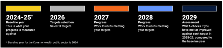 Five rectangular blocks of colour in a horizontal line, with text underneath. Yellow block reads 2023-25 Baseline year This is what your progress is measured against. Grey block reads 2026 Targets Selection, Select 3 targets. Red and blue blocks read 2027 and 2028 respectively, Progress, Work towards meeting your targets. Dark blue final block reads 2029 Assessment, WGEA checks if you have met or improved against each target in 2028-29, compared to the baseline year.