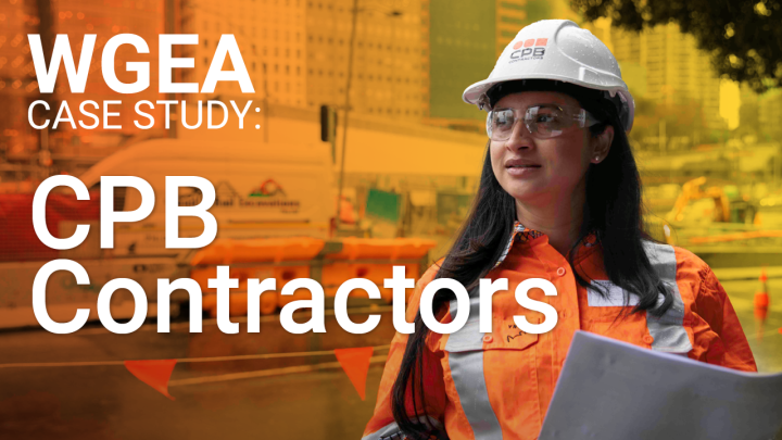 Orange filter on image of woman in hard hat, with words WGEA case study, CPB Contractors