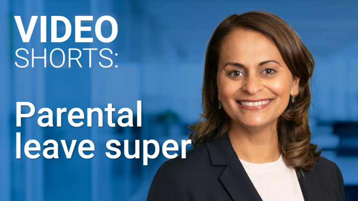 A photo of TelstraSuper chief people officer Krithika Hansen to the right of the image. She has brown hair and is smiling. The text on the left of screen says in white (on a blue background) Video Shorts: Parental leave super