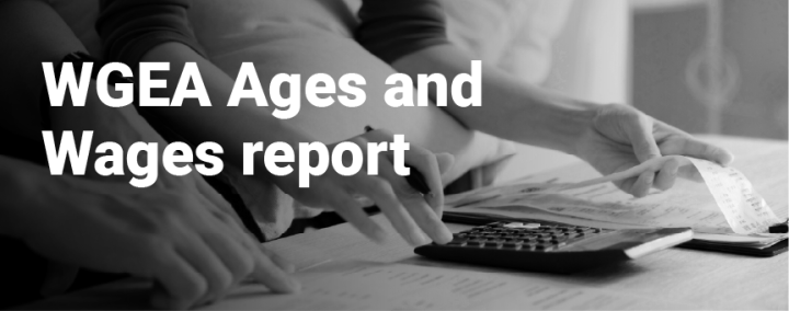 Close up image of 2 sets of hands, one working a calculator and the other with receipts. Text reads WGEA Ages and Wages Report