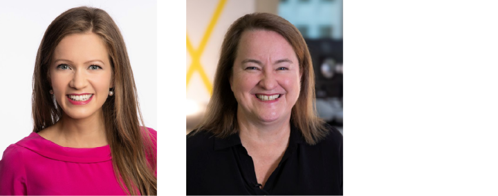 Two medium close up headshots side-by-side. On the left, a smiling Siri Chilazi is looking directly to camera. She has long straight brown hair and is wearing a bright pink top. On the right, Mary Wooldridge is also smiling direct to camera, in a black top. 