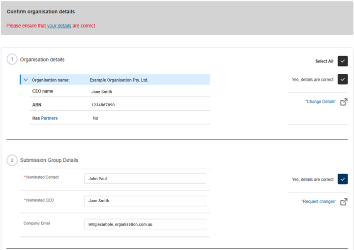 The Confirm details page showing organisation details, submission group details, eligibility declaration, and privacy declaration fields. Select the ‘Select All’ box to confirm the details are correct, confirm eligibility, and confirm that you have read the privacy notice.