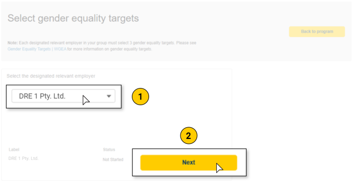  The Select gender equality targets page. Use the drop‑down menu to choose the designated relevant employer, then click the ‘Next’ button to continue.