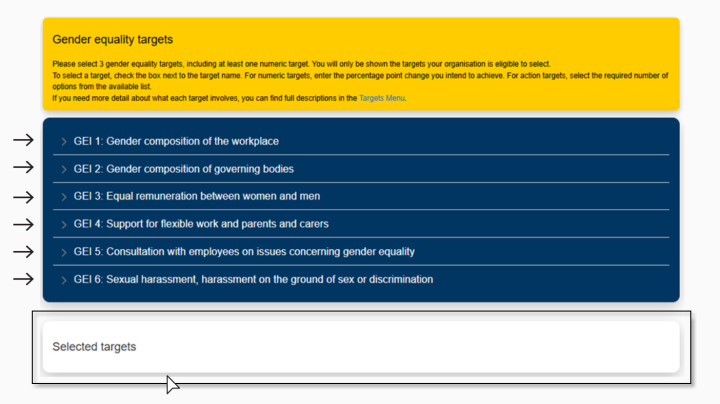Expandable Gender Equality Indicator (GEI) sections. Expand a GEI to view eligible targets and tick the checkboxes to select them. Selected targets appear in the summary panel at the bottom of the page.