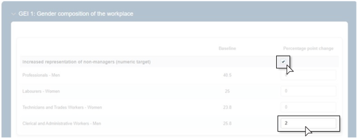 A numeric target with a 2 percentage point change input for Clerical and Administrative Workers- Men. Each workforce category appears in a row with a baseline value and a box in the percentage point change column. To enter a percentage point change, type the number into the text box in the same row as the category you want to change.