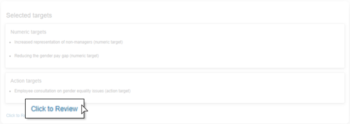 Once you have selected 3 targets, a ‘Click to review’ button will appear.   If any required fields are missing or incomplete when you click this button, a popup will outline what you need to fix before you can continue.   When all selections are complete and valid, click the ‘Click to review’ link following the target selection listing to be taken to the summary