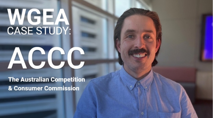 Image of a man in his 30s with brown hair and a moustache, smiling at camera. Words say WGEA Case Study the Australian Competition and Consumer Commission
