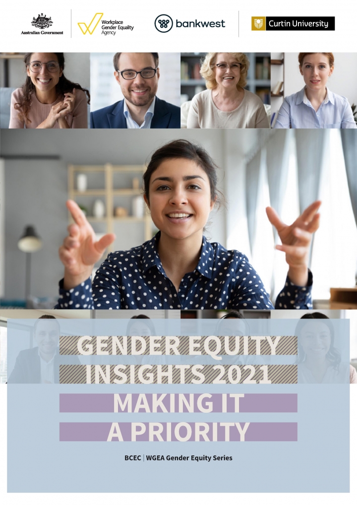 This image is the front cover of the Gender Equity Insights 2021 report: Making it a priority. The front cover includes 5 people smiling in separate rooms to imitate a online meeting. 