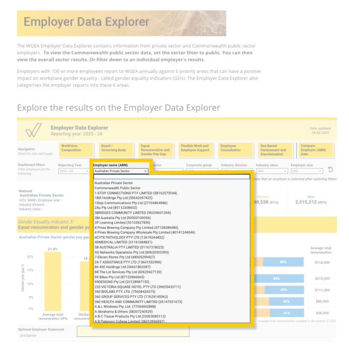 The image shows the first pay of WGEA's Employer Data Explorer website. It highlights in a yellow frame the employer drop down menu where users should type in the employer name to search.