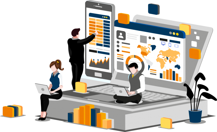 image is decorative and depicts three people working on devices to analyse data