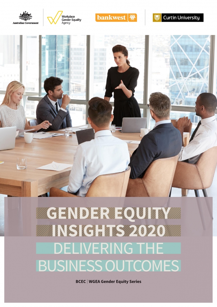 This image depicts the front page to the Gender Equity Insights: Delivering Business Outcomes 2020 research report.