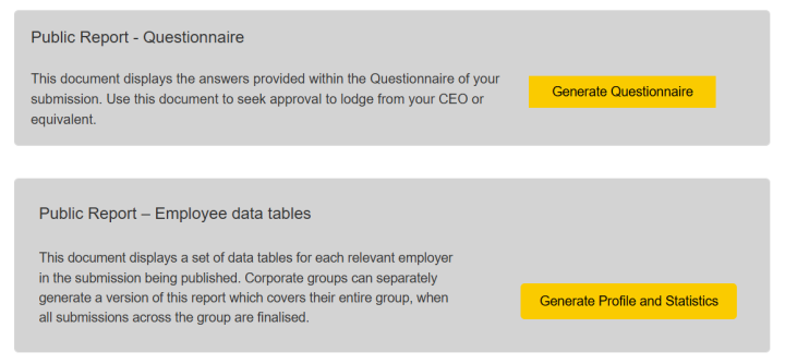 Two grey boxes for public reports: one for Questionnaire with 'Generate Questionnaire' button, and one for Employee Data Tables with 'Generate Profile and Statistics' button.