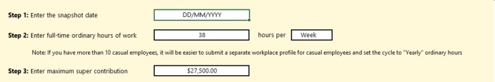 Step 1 is to add a snapshot date, step 2 is to enter a full-time standard for the employees on the file, Step 3 is to enter a maximum super contribution