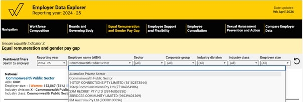 Screenshot of WGEA Employer Data Explorer showing filter open to reveal Commonwealth public sector data