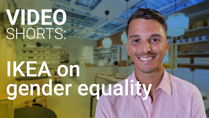 The white text on a green and blue background reads Video Shorts: IKEA on gender equality. On the right hand side of screen is a smiling man with short brown hair