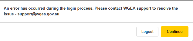 The image shows an error message that users see advising them to contact the WGEA Support email.