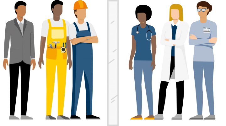 image depicts workers from different industries segregated by gender