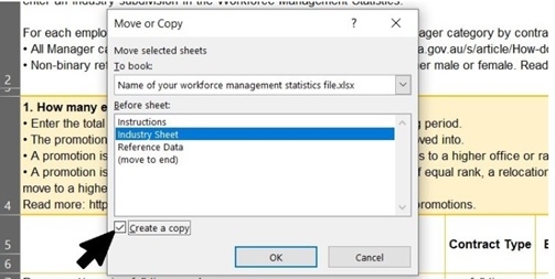 A pop-up box displays in Excel allowing a user to select the option 'create a copy' of the Industry Sheet