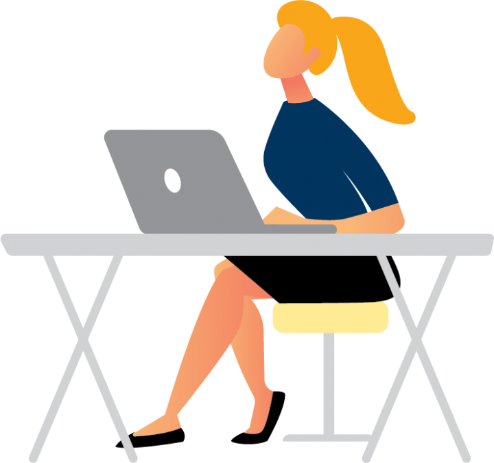 Image is decorative and depicts a woman sitting at a desk using her laptop