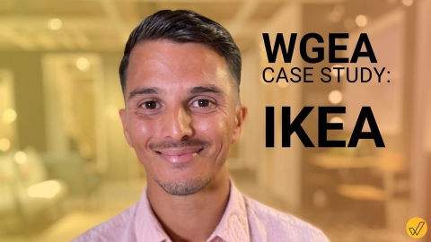 A close up photo of a man with short dark hair smiling and looking direct to camera. On the right in black letters it says WGEA case study IKEA.
