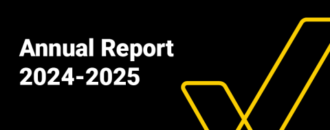 Annual Report 2024-2025 Black tile with white text and large yellow tick logo