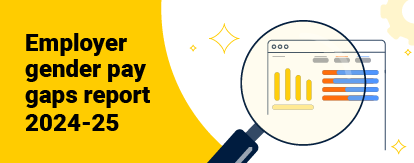 Text reads Employer Gender Pay Gaps Report 2024-25, yellow and white tile with a magnifying glass over a report